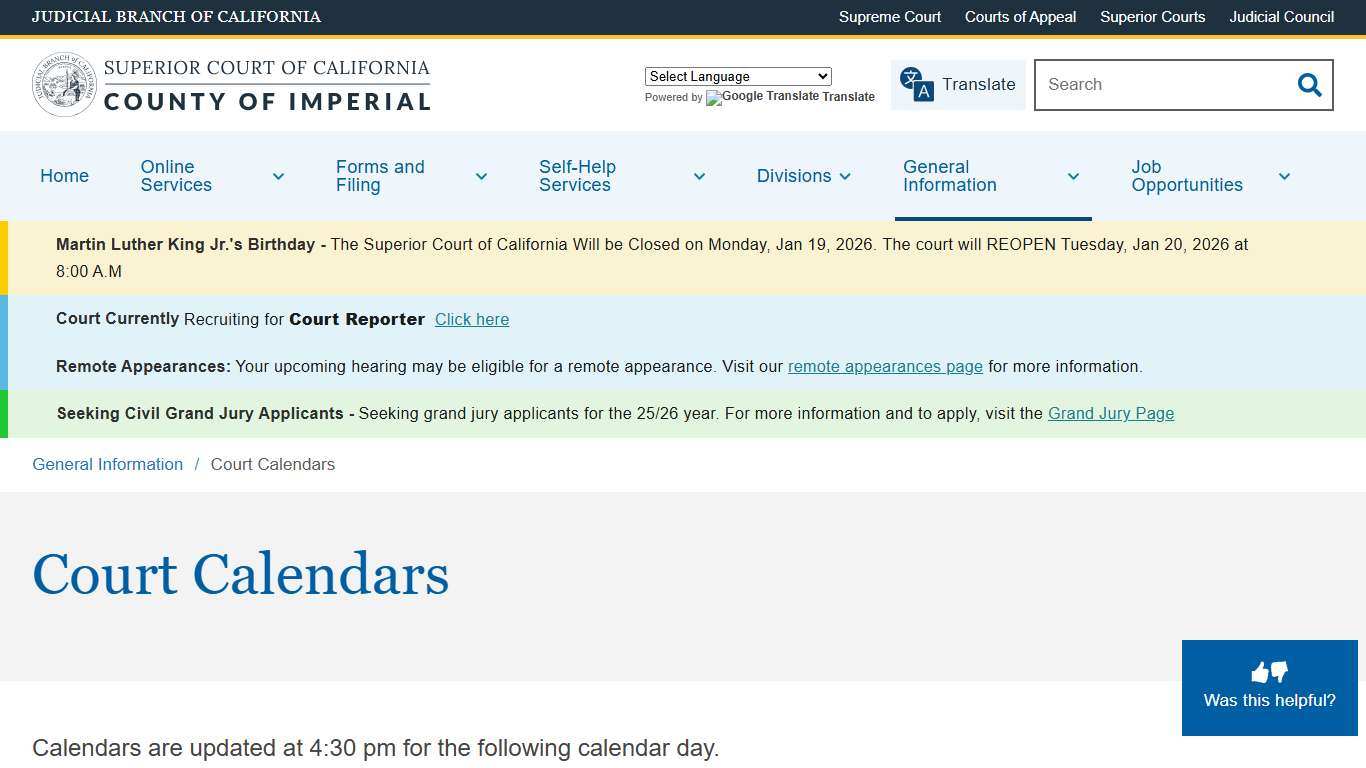 Court Calendars Superior Court of California County of Imperial