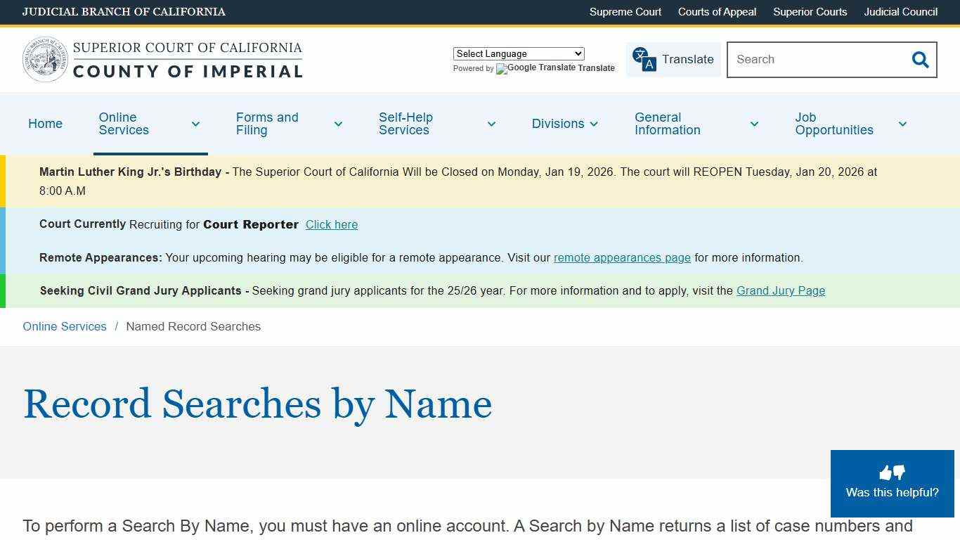 Named Record Searches Superior Court of California County of Imperial